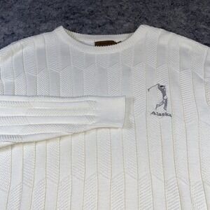 VTG Textured South Bay Mens L Ivory Golf Alaska Embroidered Sweater Knit Preppy‎
